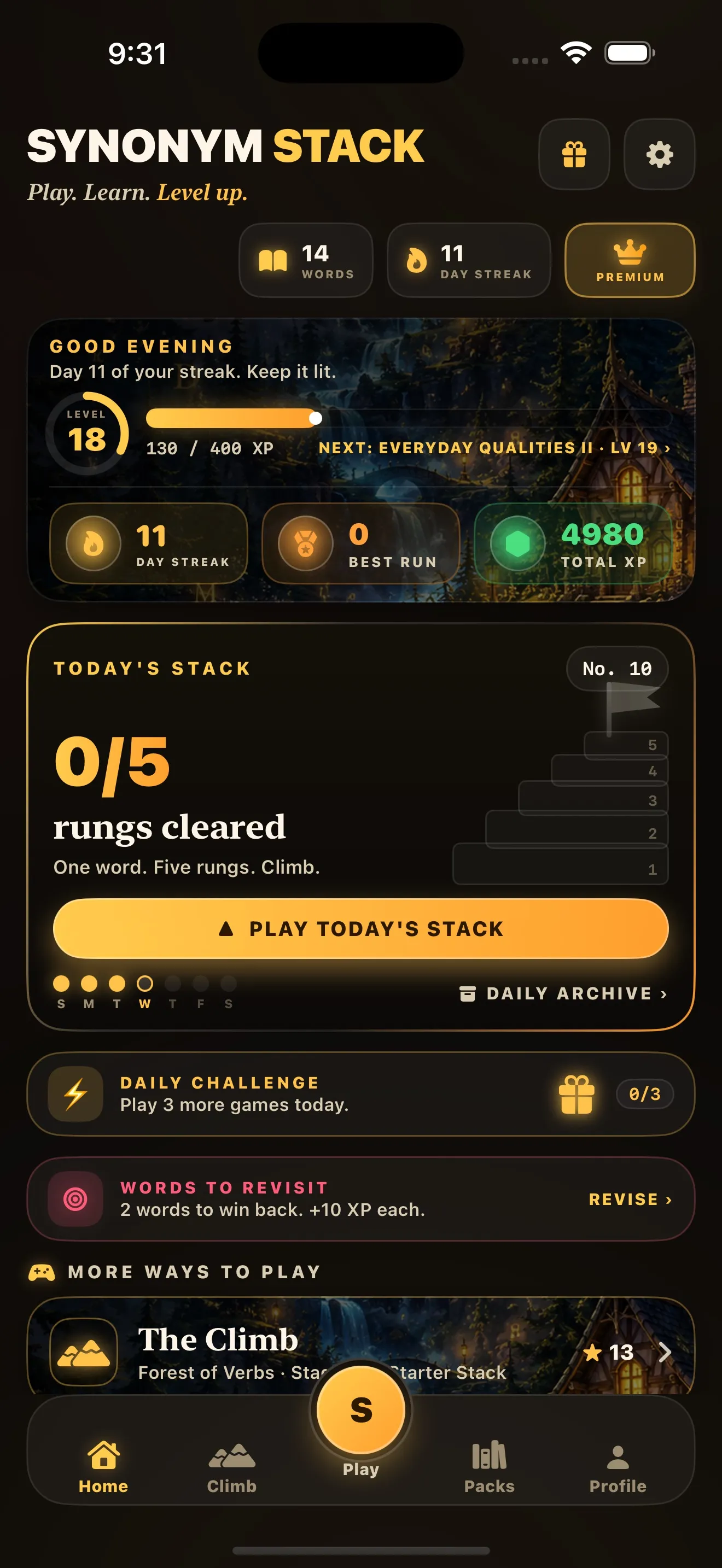 The Synonym Stack home screen: a level 18 progress card, Today's Stack at nought of five rungs cleared, a daily challenge chest and a words to revisit strip