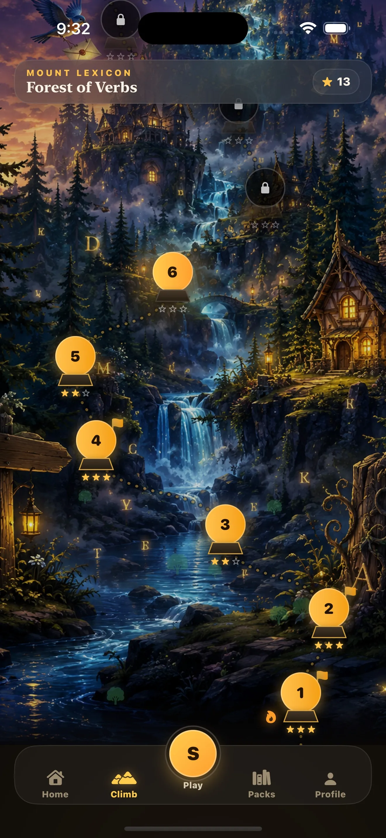 The Climb map: numbered stages winding up the Forest of Verbs past waterfalls and a lit cottage, each stage showing one to three stars