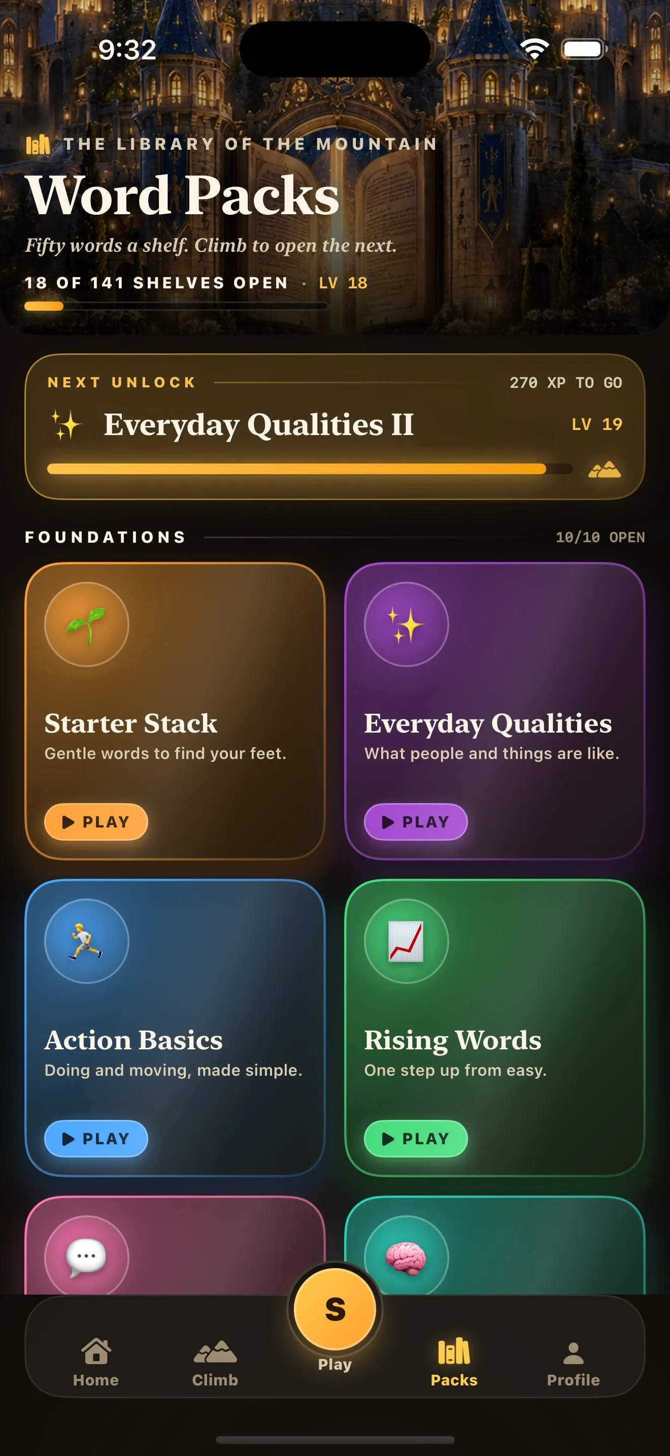 The Word Packs screen, titled The Library of the Mountain, showing 18 of 141 shelves open and pack tiles named Starter Stack, Everyday Qualities, Action Basics and Rising Words