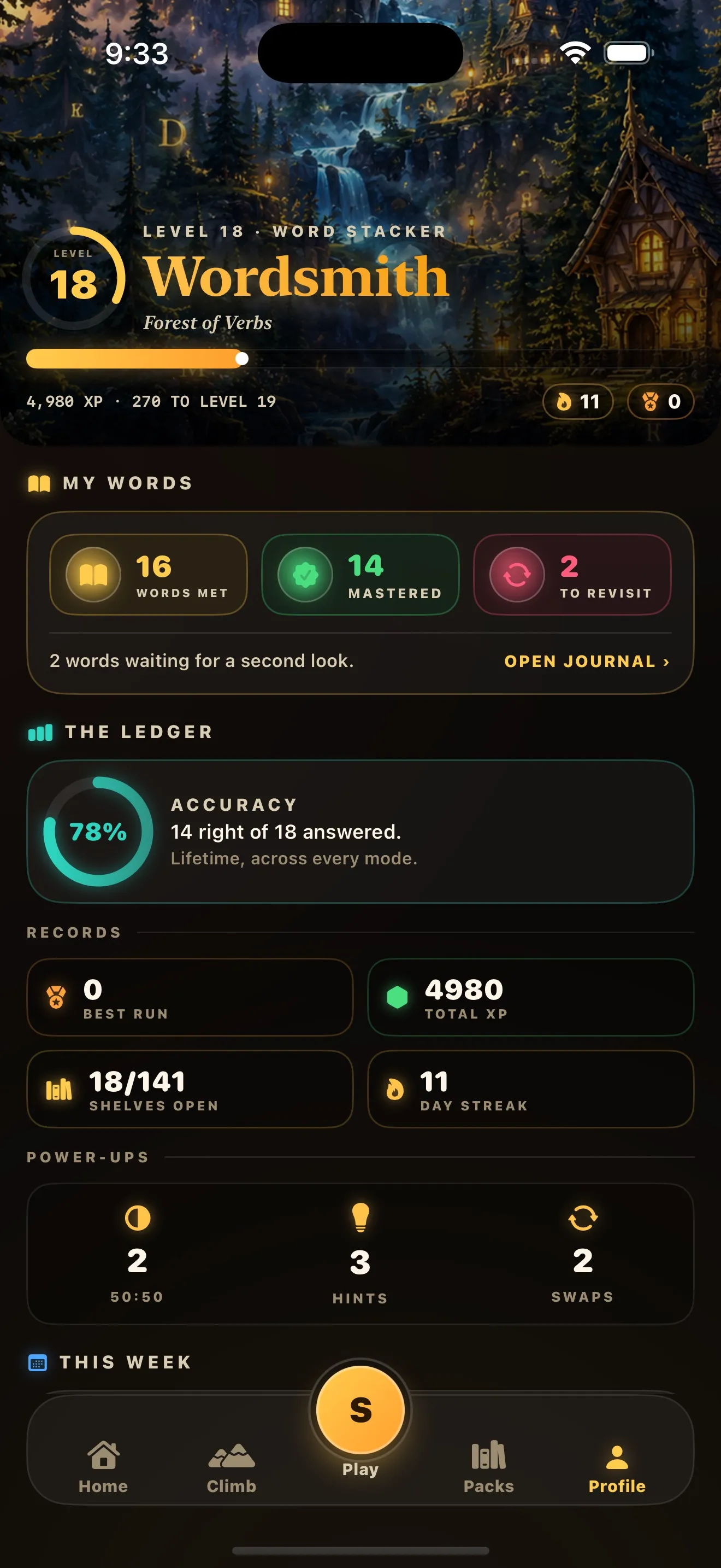 The Profile screen: a level 18 Wordsmith card, My Words showing words met, mastered and to revisit, a lifetime accuracy dial, records including shelves open and day streak, and the power-up counts