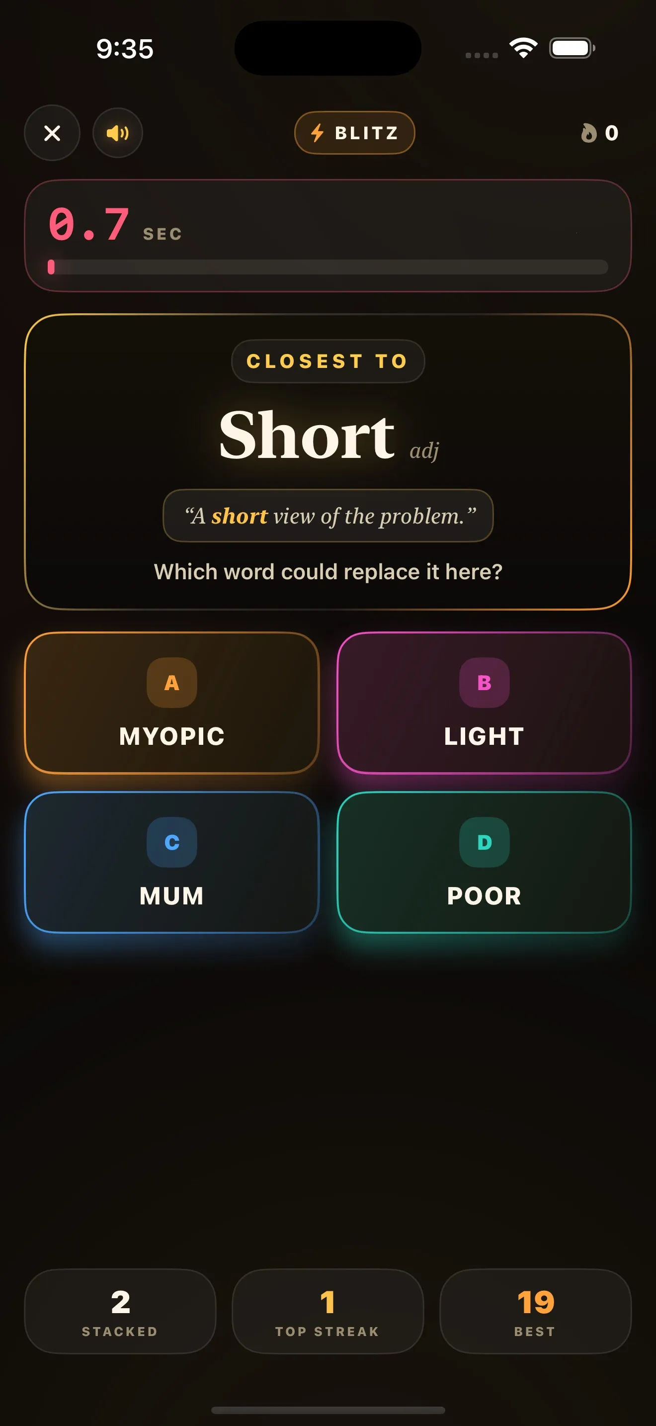 The Blitz screen: a countdown at nought point seven seconds, the word Short with an example sentence, and four answer tiles