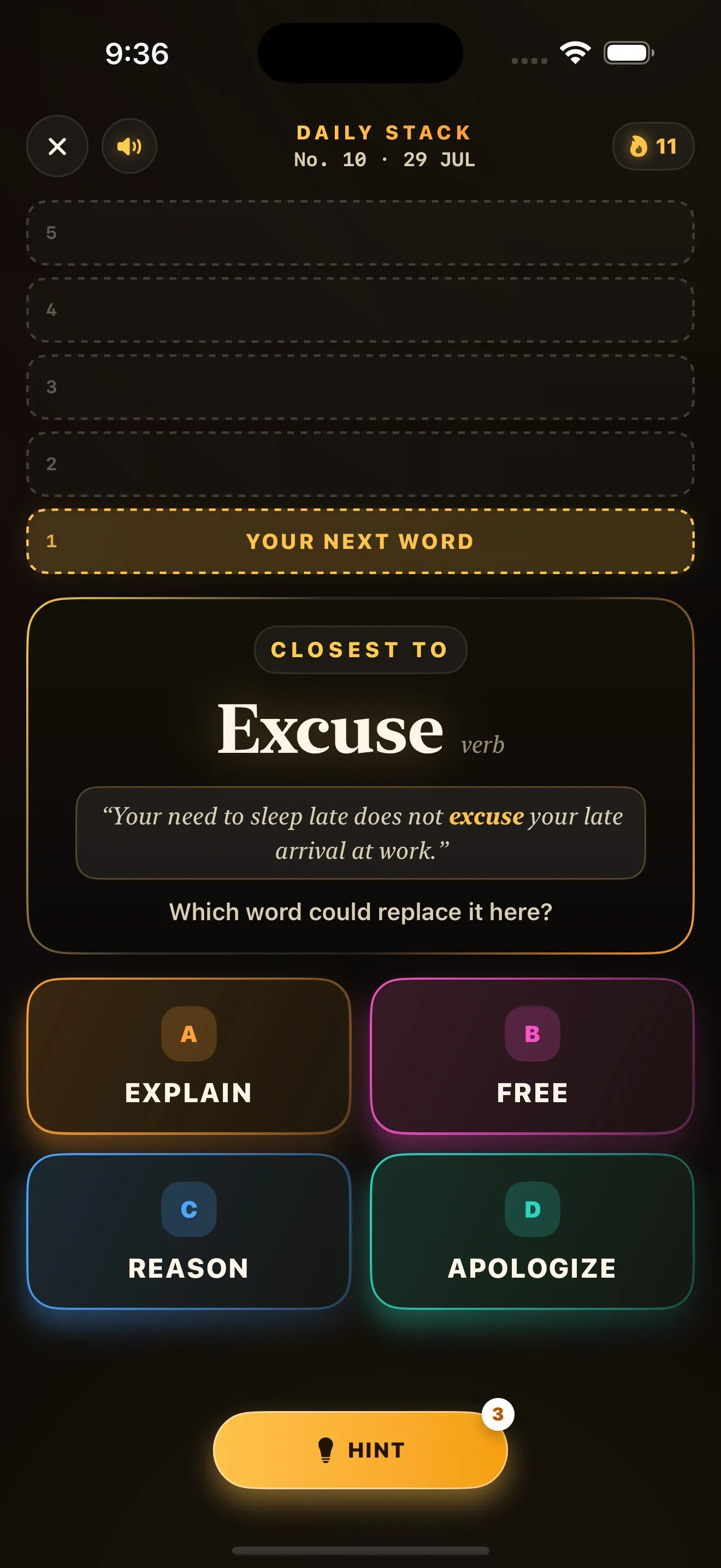The Daily Stack screen: a five rung tower, the word Excuse with its part of speech and example sentence, and four answer tiles