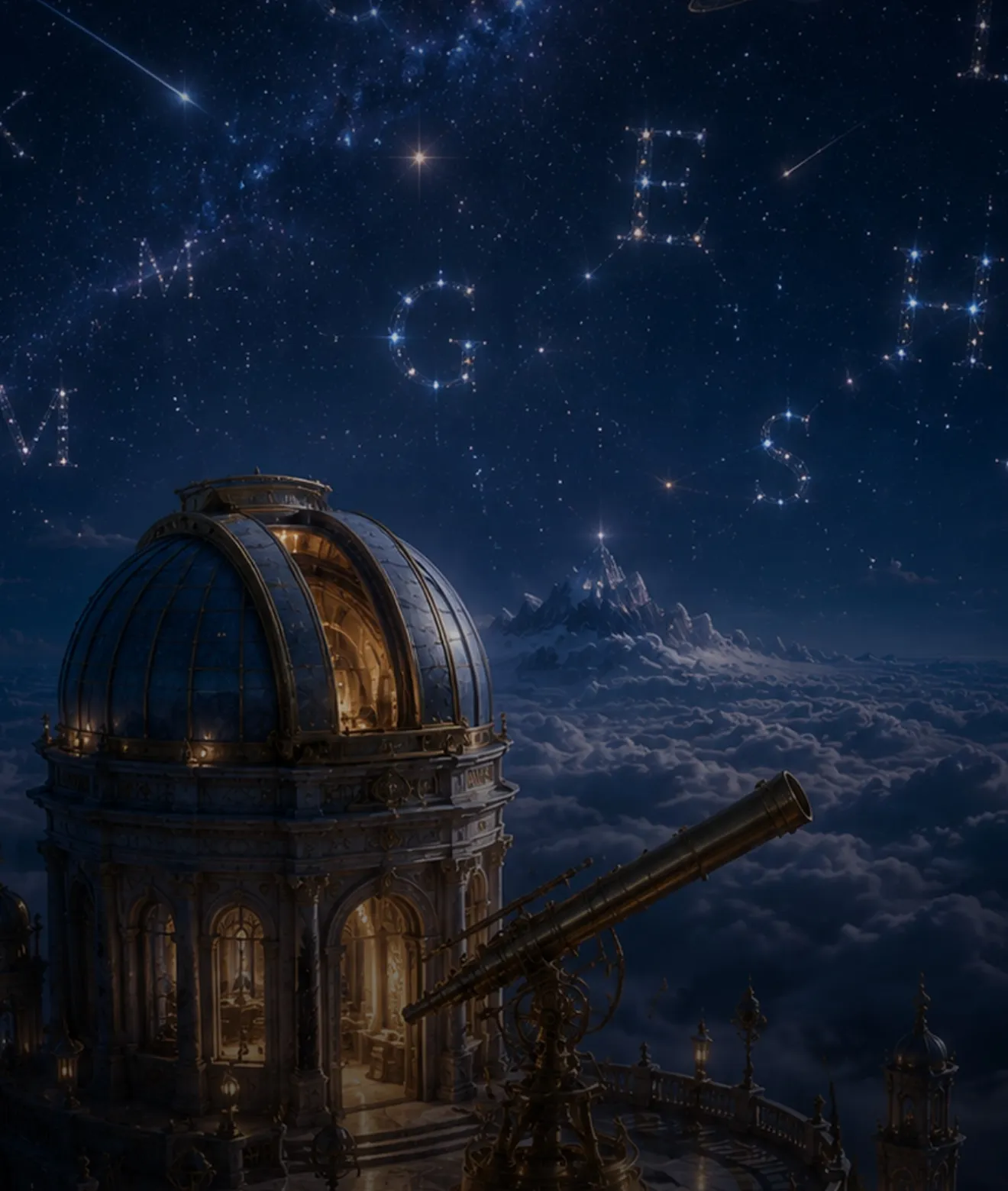 The game's own painting of the Celestial Word Observatory: a brass telescope aimed at constellations shaped like letters