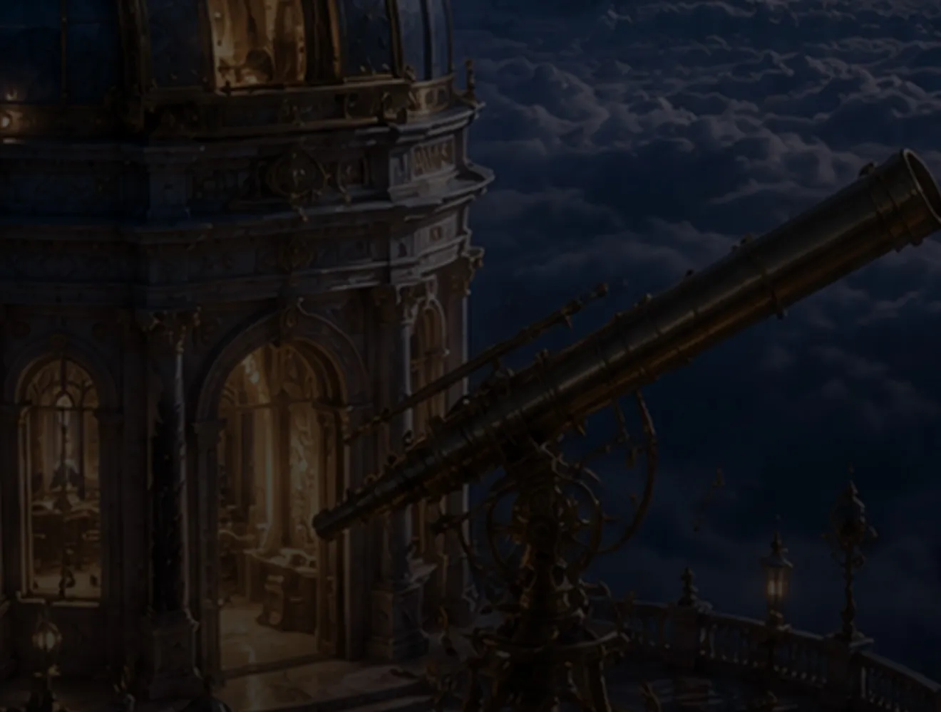 The observatory dome and its brass telescope above a sea of moonlit cloud, from the game's own artwork